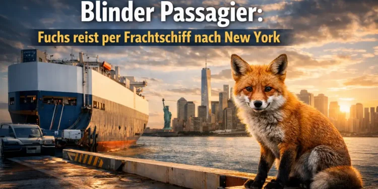 Rotfuchs sitzt im Hafen vor einem Frachtschiff mit Skyline von New York – Blinder Passagier Fuchs nach Atlantikreise entdeckt.