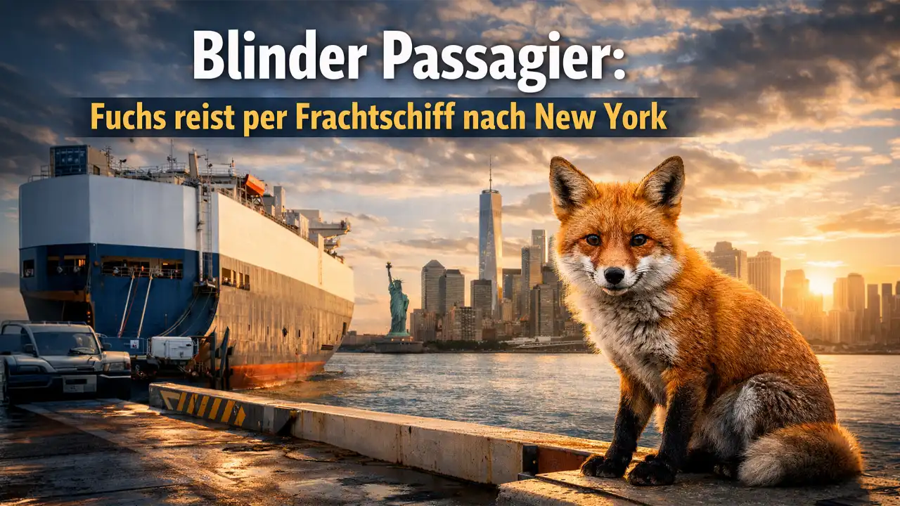Rotfuchs sitzt im Hafen vor einem Frachtschiff mit Skyline von New York – Blinder Passagier Fuchs nach Atlantikreise entdeckt.