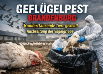 Schutzanzug-Träger bei der Keulung eines Geflügelbestandes wegen Geflügelpest Brandenburg auf einem landwirtschaftlichen Betrieb.
