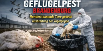 Geflügelpest in Brandenburg: Hunderttausende Tiere betroffen – Seuche breitet sich weiter aus 21 Schutzanzug-Träger bei der Keulung eines Geflügelbestandes wegen Geflügelpest Brandenburg auf einem landwirtschaftlichen Betrieb.