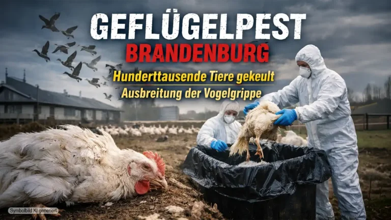 Schutzanzug-Träger bei der Keulung eines Geflügelbestandes wegen Geflügelpest Brandenburg auf einem landwirtschaftlichen Betrieb.