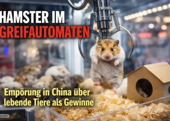Hamster im Greifautomaten in einem chinesischen Einkaufszentrum – lebende Tiere werden in einem Spielautomaten als Gewinne angeboten.