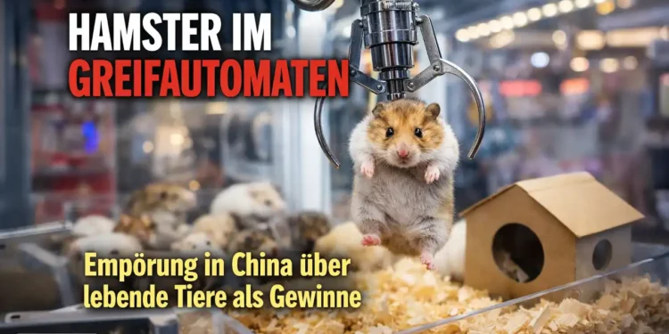 Hamster im Greifautomaten in einem chinesischen Einkaufszentrum – lebende Tiere werden in einem Spielautomaten als Gewinne angeboten.