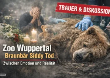Zoo Wuppertal Braunbär Siddy Tod zeigt eine Szene mit trauernden Besuchern und dem verstorbenen Bären unter tierärztlicher Betreuung.