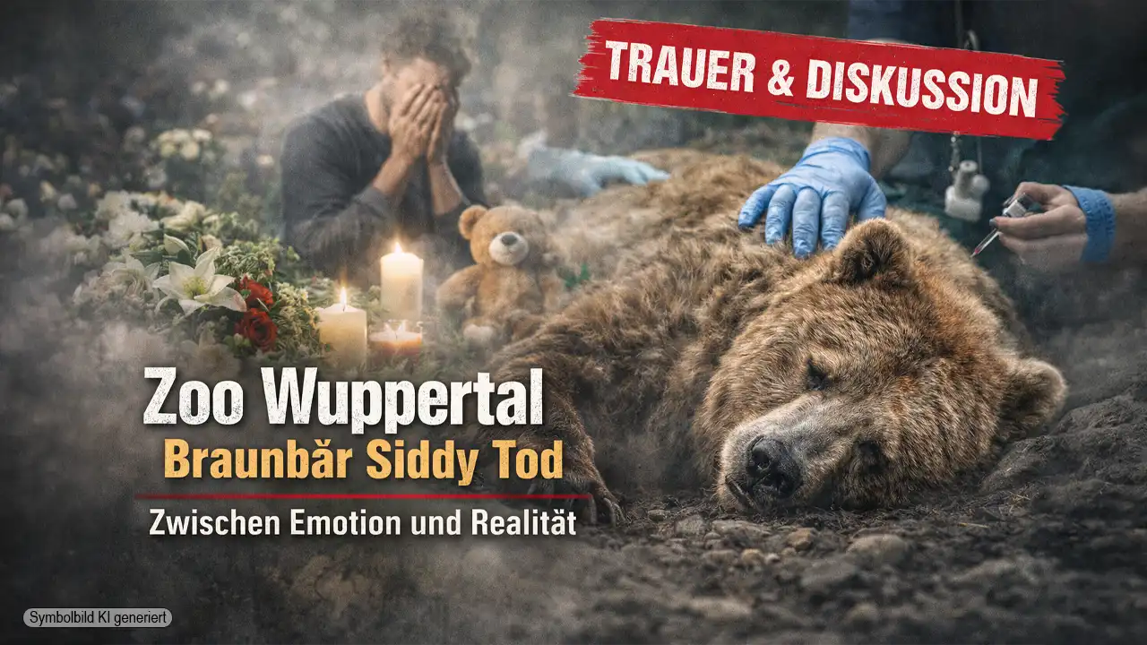 Zoo Wuppertal Braunbär Siddy Tod zeigt eine Szene mit trauernden Besuchern und dem verstorbenen Bären unter tierärztlicher Betreuung.