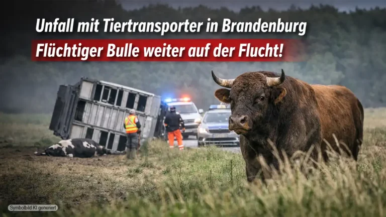 Ein Bulle steht auf einem Feld nahe eines umgekippten Tiertransporters, während Polizei und Einsatzkräfte nach dem Unfall suchen – Unfall Tiertransporter Brandenburg Bulle flüchtig.