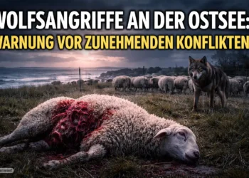 Wolfsangriffe an der Ostsee: Ein Warnsignal, das niemand mehr ignorieren kann 12 Wolfsangriffe Ostsee: Getötetes Schaf auf Küstenweide, während ein Wolf in der Nähe einer Herde hinter einem Zaun steht