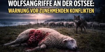 Wolfsangriffe Ostsee: Getötetes Schaf auf Küstenweide, während ein Wolf in der Nähe einer Herde hinter einem Zaun steht