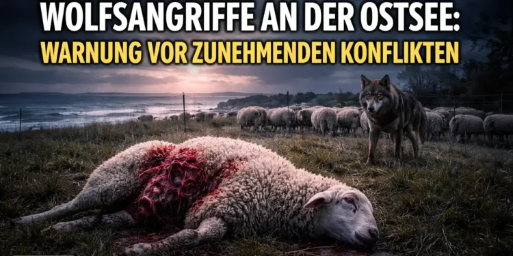 Wolfsangriffe Ostsee: Getötetes Schaf auf Küstenweide, während ein Wolf in der Nähe einer Herde hinter einem Zaun steht