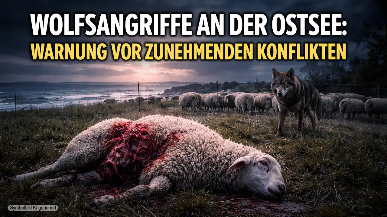 Wolfsangriffe Ostsee: Getötetes Schaf auf Küstenweide, während ein Wolf in der Nähe einer Herde hinter einem Zaun steht