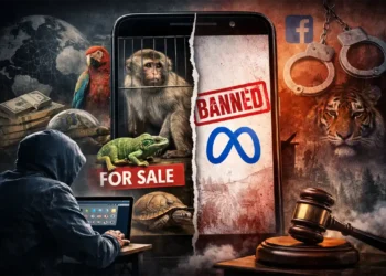 Smartphone zeigt illegalen Tierhandel im Wildtier Schwarzmarkt Social Media mit exotischen Tieren und Meta-Verbotssymbol