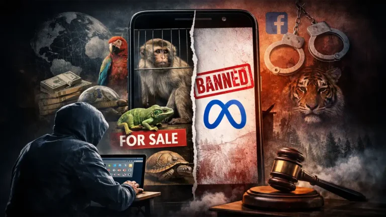 Smartphone zeigt illegalen Tierhandel im Wildtier Schwarzmarkt Social Media mit exotischen Tieren und Meta-Verbotssymbol
