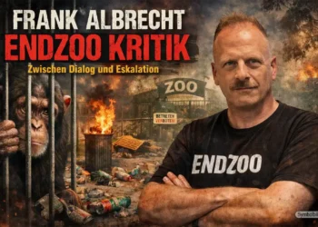 Zwischen Dialog und Eskalation: Das widersprüchliche Comeback von Frank Albrecht vom Projekt Endzoo 14 Frank Albrecht Endzoo Kritik: Tierrechtler vor Zoo-Kulisse mit Müll und gefangenem Affen als Symbol für Eskalation