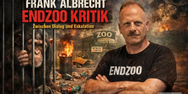 Frank Albrecht Endzoo Kritik: Tierrechtler vor Zoo-Kulisse mit Müll und gefangenem Affen als Symbol für Eskalation