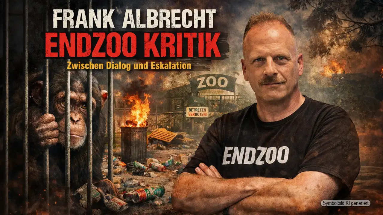 Frank Albrecht Endzoo Kritik: Tierrechtler vor Zoo-Kulisse mit Müll und gefangenem Affen als Symbol für Eskalation