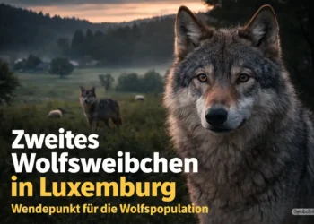 Zweites Wolfsweibchen Luxemburg: Zwei Wölfe in ländlicher Kulturlandschaft bei Dämmerung als Symbol für wachsende Population