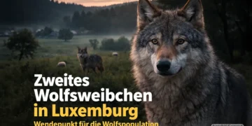 Zweites Wolfsweibchen in Luxemburg – ein Signal mit weitreichender Bedeutung 21 Zweites Wolfsweibchen Luxemburg: Zwei Wölfe in ländlicher Kulturlandschaft bei Dämmerung als Symbol für wachsende Population