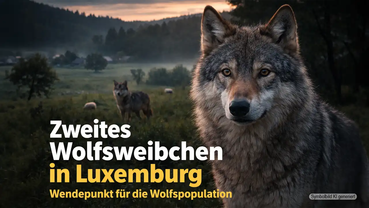 Zweites Wolfsweibchen Luxemburg: Zwei Wölfe in ländlicher Kulturlandschaft bei Dämmerung als Symbol für wachsende Population
