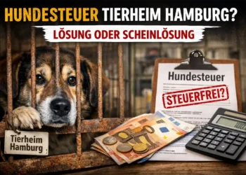 Steuerbonus für Tierheimhunde: Hamburgs Modell klingt gut – doch reicht das wirklich? 13 Hundesteuer Tierheim Hamburg – trauriger Hund im Tierheim und Steuerdokumente symbolisieren fraglichen Nutzen der Steuerbefreiung