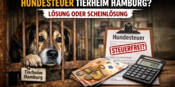 Hundesteuer Tierheim Hamburg – trauriger Hund im Tierheim und Steuerdokumente symbolisieren fraglichen Nutzen der Steuerbefreiung