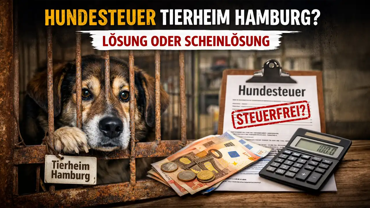 Hundesteuer Tierheim Hamburg – trauriger Hund im Tierheim und Steuerdokumente symbolisieren fraglichen Nutzen der Steuerbefreiung