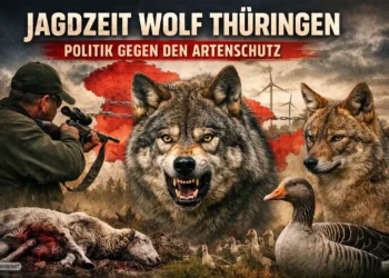 Symbolbild zur Jagdzeit Wolf Thüringen zeigt Wolf, Jäger und Nutztierriss als Sinnbild politischer Regulierung