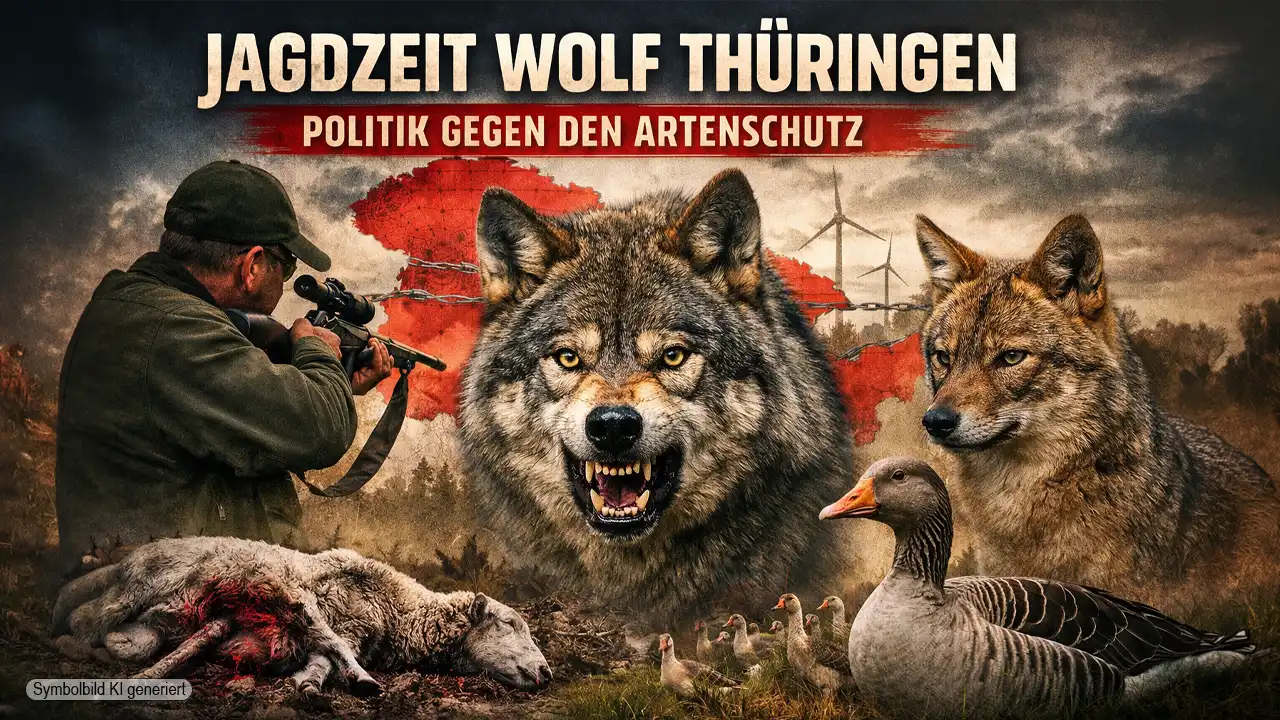 Thüringen öffnet die Tür zur Jagd – und der Wolf ist erst der Anfang 1 Symbolbild zur Jagdzeit Wolf Thüringen zeigt Wolf, Jäger und Nutztierriss als Sinnbild politischer Regulierung