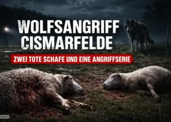 Wolfsangriff Cismarfelde: gerissene Schafe auf einer Weide bei Nacht mit Wolf im Hintergrund