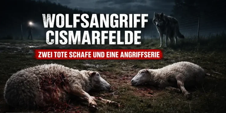 Wolfsangriff Cismarfelde: gerissene Schafe auf einer Weide bei Nacht mit Wolf im Hintergrund