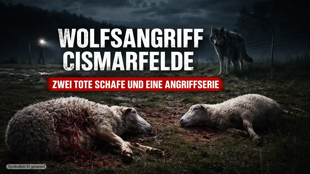Wolfsangriff Cismarfelde: gerissene Schafe auf einer Weide bei Nacht mit Wolf im Hintergrund