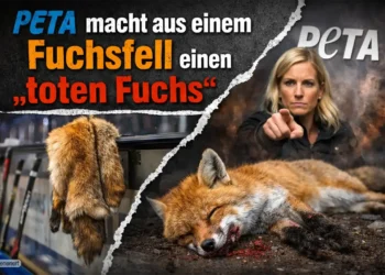 Wenn PETA aus einem Fuchsfell einen „toten Fuchs“ macht 14 Titelbild zum Artikel „PETA Fuchsfell Deggendorf“ mit Eishockey-Spielerbank, aufgehängtem Fuchsfell und zugespitzter PETA-Darstellung.