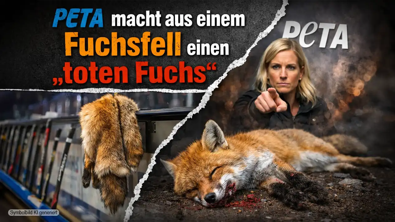 Titelbild zum Artikel „PETA Fuchsfell Deggendorf“ mit Eishockey-Spielerbank, aufgehängtem Fuchsfell und zugespitzter PETA-Darstellung.