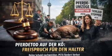 Freispruch nach Pferdetod auf der Kö: Wenn aus einem Einzelfall ein Politikum wird 20 Pferdetod Düsseldorf Freispruch: Gerichtsszene, kollabiertes Pferd auf der Kö und Protestszene symbolisieren den Fall