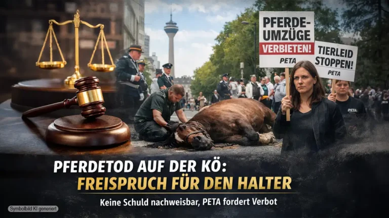 Pferdetod Düsseldorf Freispruch: Gerichtsszene, kollabiertes Pferd auf der Kö und Protestszene symbolisieren den Fall