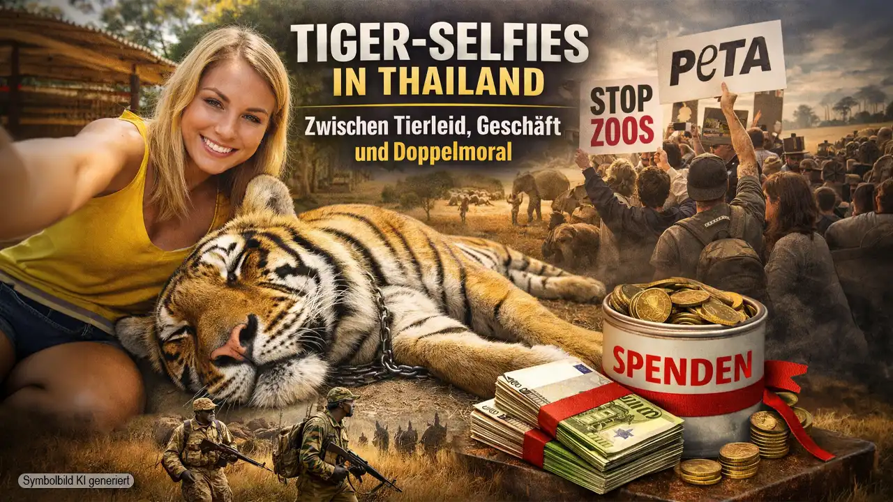 Tiger Selfies Thailand zeigen Touristin mit Tiger sowie Proteste und Spendengelder im Hintergrund als Symbol für Tierschutz-Debatte