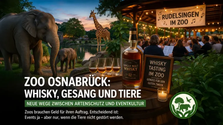 Zoo Osnabrück Veranstaltungen zeigen Abend-Event mit Whisky-Tasting und Rudelsingen neben ruhigen Tieranlagen im Zoo