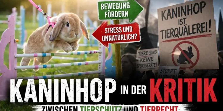 Kaninhop Kritik: Kaninchen springt über Hindernis während im Hintergrund Protest gegen Kaninhop dargestellt wird