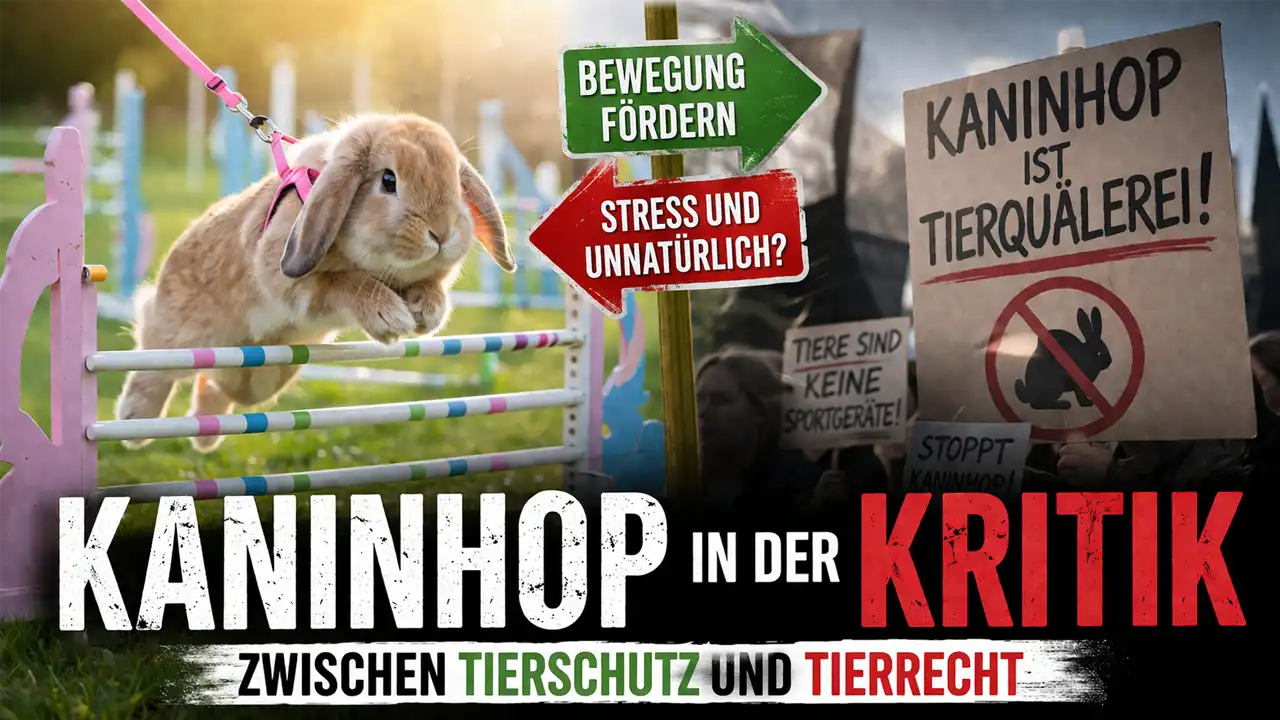 Kaninhop Kritik: Kaninchen springt über Hindernis während im Hintergrund Protest gegen Kaninhop dargestellt wird