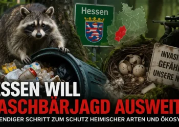 Waschbärjagd Hessen: Waschbär durchsucht Müll, während Hinweise auf Schäden durch invasive Arten und Jagdmaßnahmen sichtbar sind.