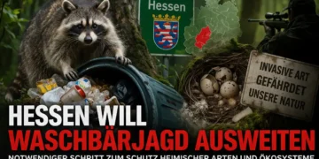Waschbärjagd Hessen: Waschbär durchsucht Müll, während Hinweise auf Schäden durch invasive Arten und Jagdmaßnahmen sichtbar sind.