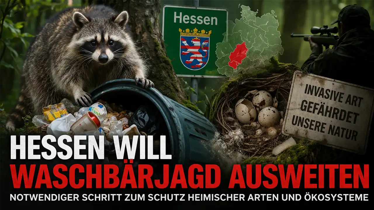 Waschbärjagd Hessen: Waschbär durchsucht Müll, während Hinweise auf Schäden durch invasive Arten und Jagdmaßnahmen sichtbar sind.