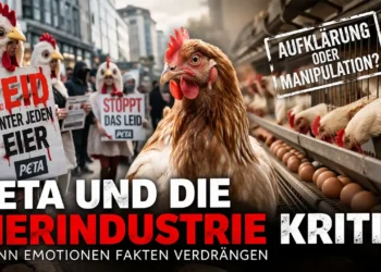 PETA Eierindustrie Kritik: Aktivisten stehen einer modernen Hühnerhaltung gegenüber und symbolisieren den Konflikt zwischen Emotion und Realität.