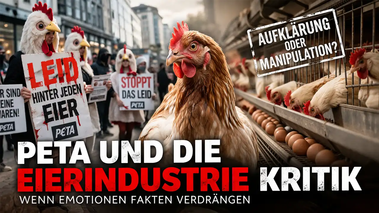 PETA Eierindustrie Kritik: Aktivisten stehen einer modernen Hühnerhaltung gegenüber und symbolisieren den Konflikt zwischen Emotion und Realität.