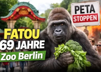 Ältester Gorilla der Welt: Fatou wird 69 – Zwischen Artenschutz, Realität und radikaler Kritik 13 Fatou Gorilla 69 Jahre Zoo Berlin: Ältester Gorilla der Welt mit Gemüse im Zoo, während im Hintergrund PETA-Protest zu sehen ist.
