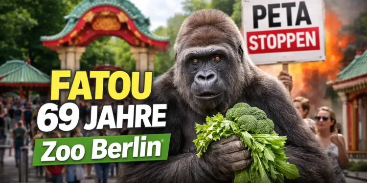 Fatou Gorilla 69 Jahre Zoo Berlin: Ältester Gorilla der Welt mit Gemüse im Zoo, während im Hintergrund PETA-Protest zu sehen ist.