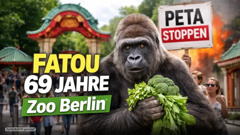 Fatou Gorilla 69 Jahre Zoo Berlin: Ältester Gorilla der Welt mit Gemüse im Zoo, während im Hintergrund PETA-Protest zu sehen ist.