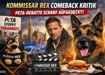Kommissar Rex ist zurück – und die nächste Empörungswelle lässt bestimmt nicht lange auf sich warten 29 Kommissar Rex Comeback Kritik – Schäferhund Rex, Ermittler und satirische Darstellung einer PETA-Debatte mit Plüschhund im Hintergrund