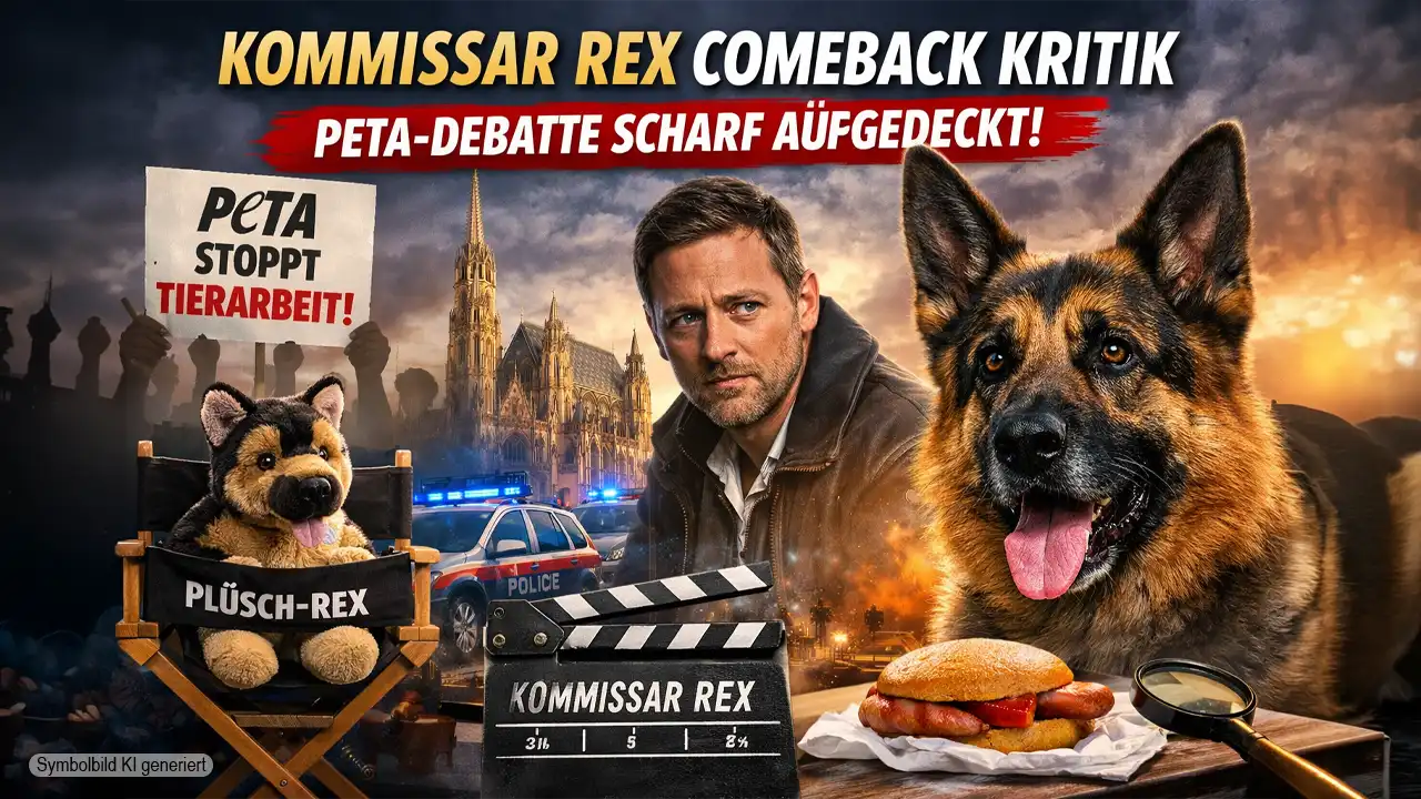 Kommissar Rex Comeback Kritik – Schäferhund Rex, Ermittler und satirische Darstellung einer PETA-Debatte mit Plüschhund im Hintergrund