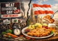 Satirisches Titelbild zum Meat Exhaustion Day Österreich mit Protestszene gegen Fleischkonsum und Wiener Schnitzel als Gegenpol