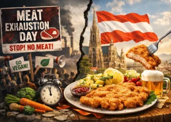 Meat Exhaustion Day: Wenn das Schnitzel plötzlich zum Politikum wird 12 Satirisches Titelbild zum Meat Exhaustion Day Österreich mit Protestszene gegen Fleischkonsum und Wiener Schnitzel als Gegenpol